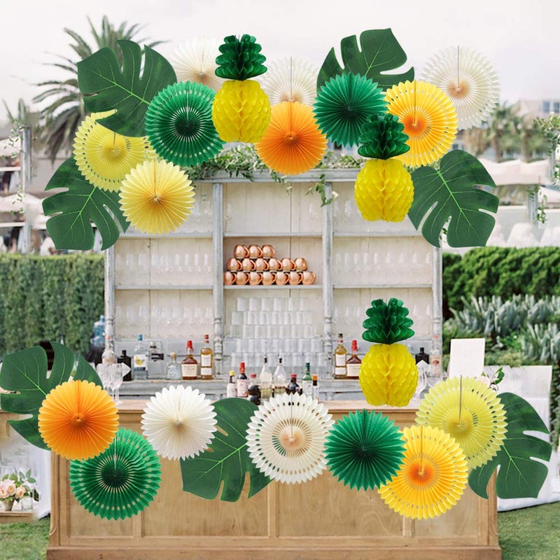 MEIDUO Summer Pineapple Party Decoration, Hawaiian Party Supplies Tropical Palm Leaves Honeycomb Pineapple Hanging Paper Fans for Adults Kids Birthday Baby Shower Bachelorette (Yellow) - Image 4